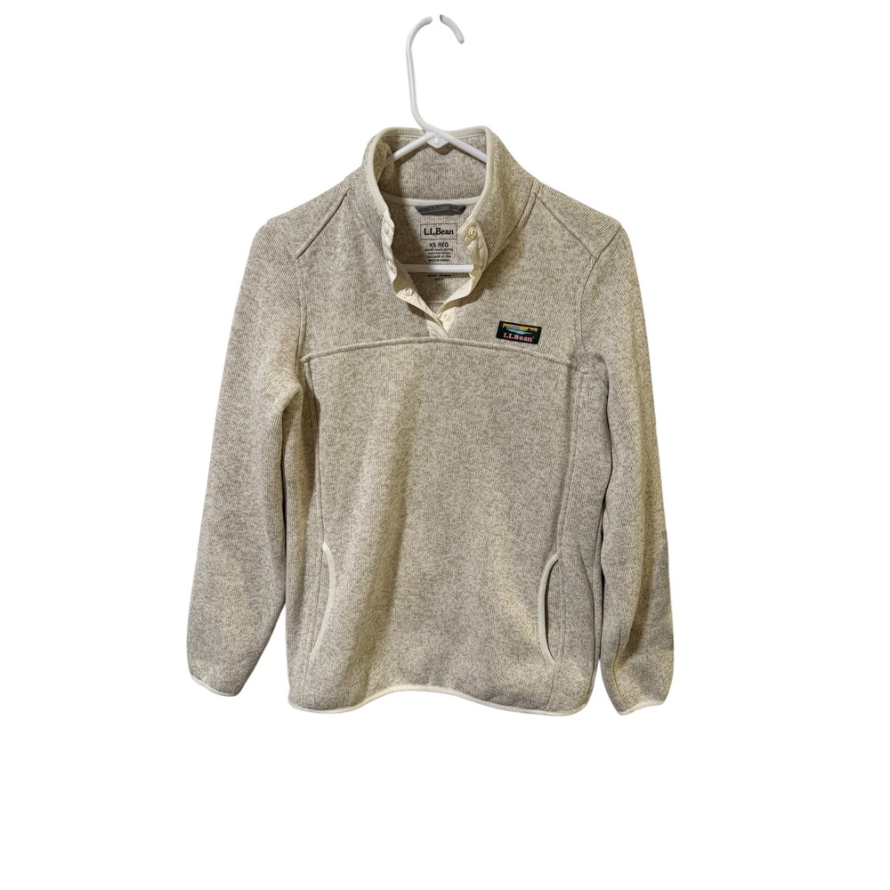 LL Bean Size XS Sweater Fleece Pullover‎ Sweater Beige Snap Collar Pockets